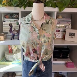 Vintage Floral Tie Front Camp Button Sleeveless Shirt Blouse Pink Wms Sz S